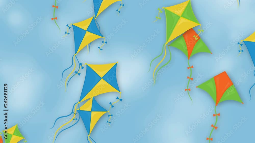 Background with flying kites, sky and clouds
