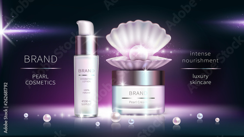 Pearl cosmetics, vector realistic advertising poster. Shiny luxury packaging for cosmetic anti-aging products next open shell and precious pearls on dark purple background, mock up for glossy magazine