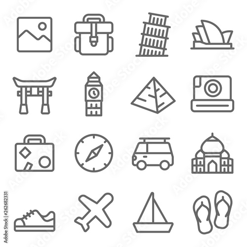 Travel Icon Set. Contains such Icons as Landmark, Torii, Opera House, Taj Mahal ,Big Ben and more. Expanded Stroke photo