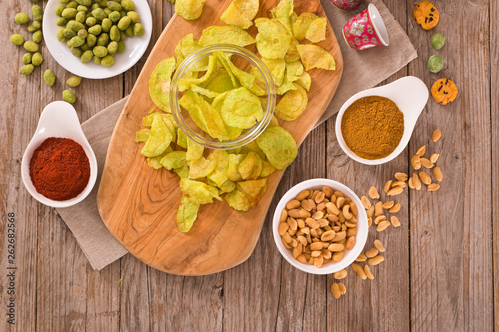 Wasabi flavour potato crisps. Wasabi flavour potato crisps.