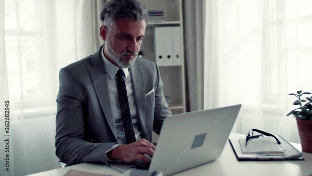 Businessman with computer sitting at the table in an office, working. Businessman with computer sitting at the table in an office, working.