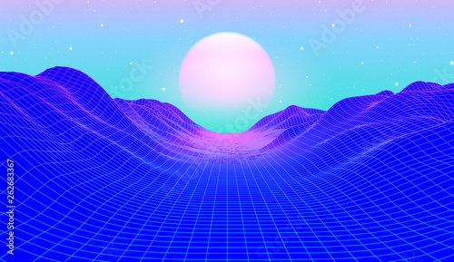 80s synthwave styled landscape with blue grid mountains and sun over canyon