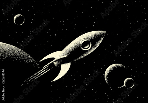 Space landscape with scenic view on planet, rocket and stars made with retro styled dotwork
