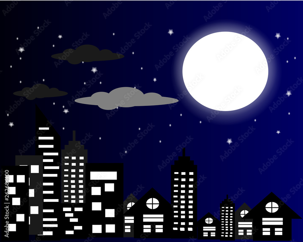 city at night with moon and stars