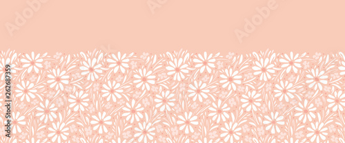 Monochrome hand-painted daisies and foliage on peach pink background horizontal vector seamless border. Floral Edge