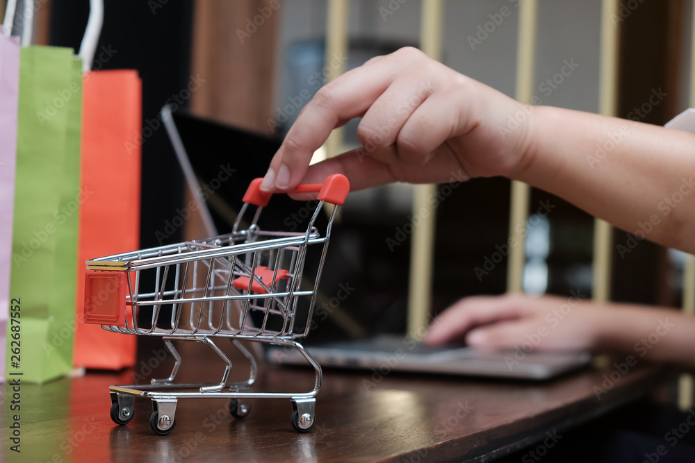 Woman shopping cart with Laptop for Internet online shopping concept.