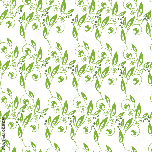 Seamless background with ornament of green leaves and abstract curls.