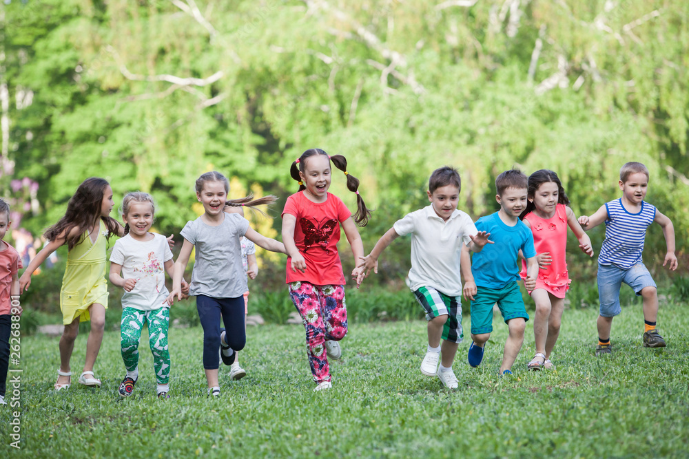 A group of happy children of boys and girls run in the Park on the grass on a Sunny summer day . The concept of ethnic friendship, peace, kindness, childhood. A group of happy children of boys and girls run in the Park on the grass on a Sunny summer day . The concept of ethnic friendship, peace, kindness, childhood.