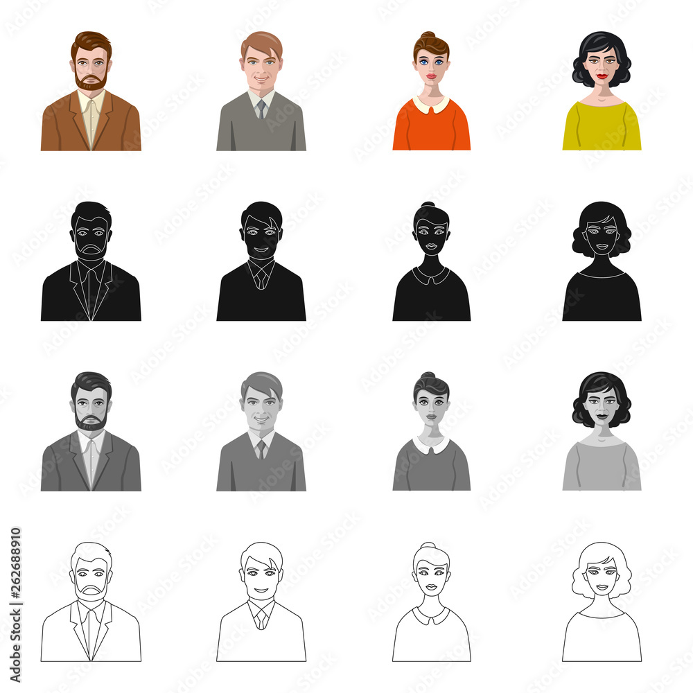 Vector illustration of hairstyle and profession sign. Set of hairstyle and character vector icon for stock. Vector illustration of hairstyle and profession sign. Set of hairstyle and character vector icon for stock.