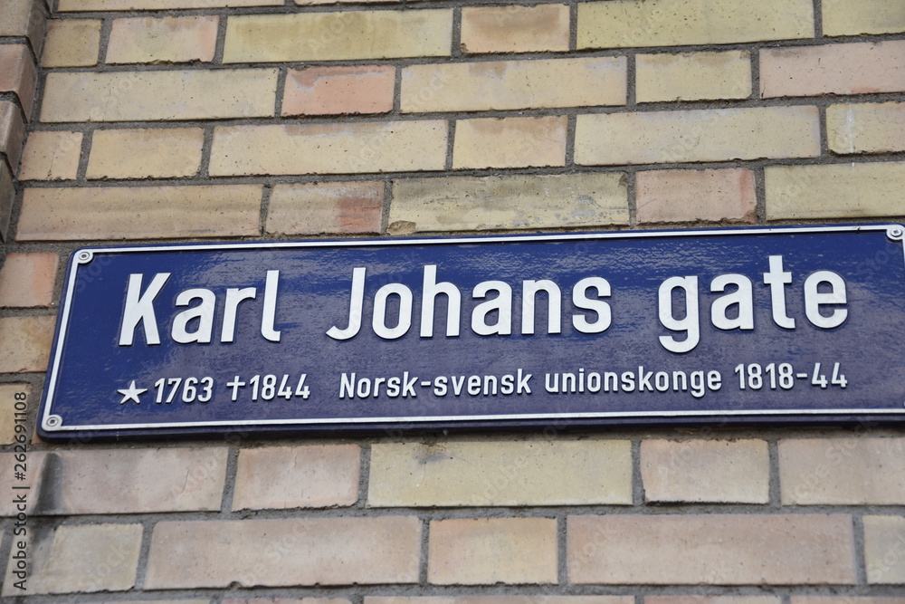 Fototapeta Oslo street name sign Karl Johans gate. King Karl Johan Norwegian and Swedish king 1818-1844.