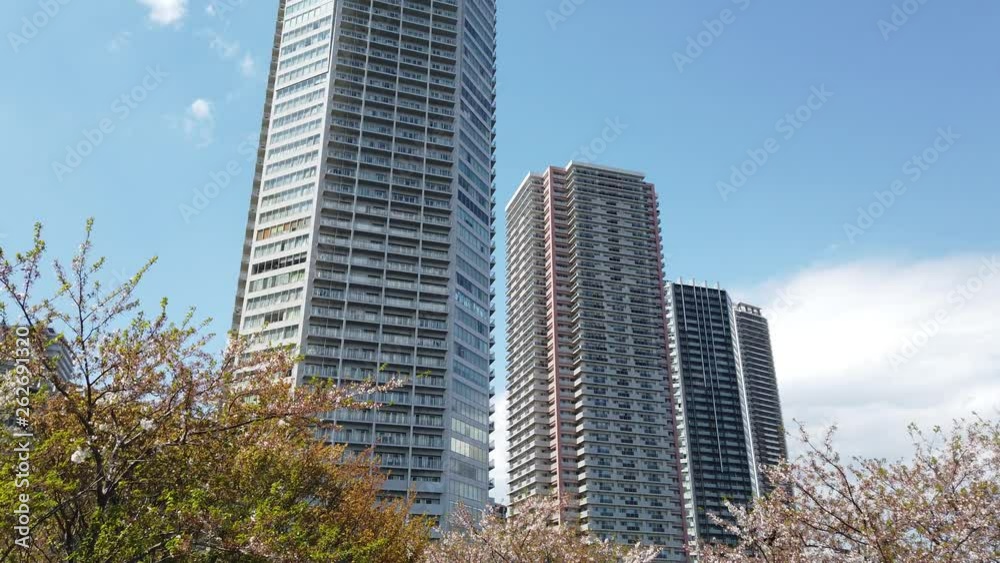 TOKYO, JAPAN. 2019 April 15th. Looking up the Shinonome Cityscape TOKYO, JAPAN. 2019 April 15th. Looking up the Shinonome Cityscape