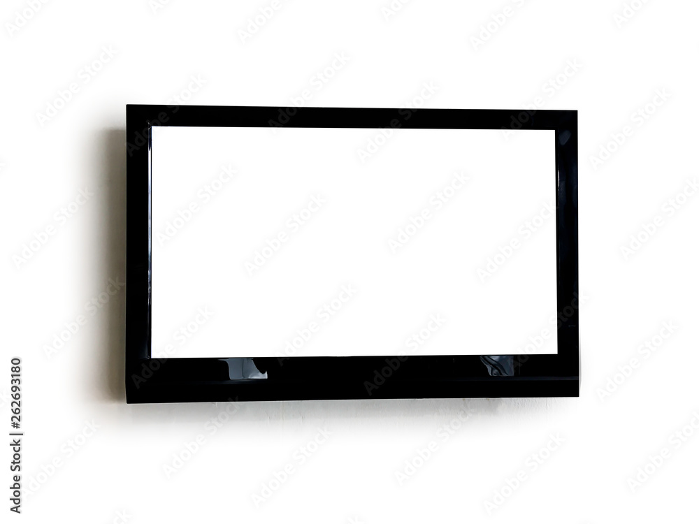 Television screen on white background, Black frame of display hang on white cement wall Television screen on white background, Black frame of display hang on white cement wall