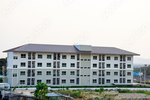 Unfinished building of house. Construction site of house with landscape mountain background, Background of building for business concept, Civil engineering work