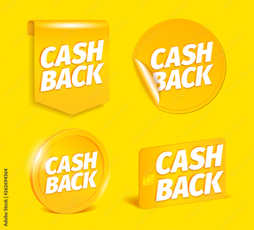 Cash back set. On a yellow background. Coin, credit card. Shining gold sticker with curved corner. Cashback words. Icon labels 3d vector realistic. Color Illustration.
