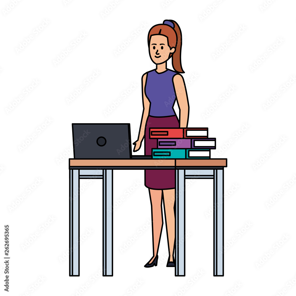 young teacher female in desk with laptop and books young teacher female in desk with laptop and books