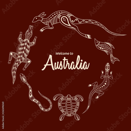 Animals of Australia. Kangaroo, llizard, crocodile, turtle, snake, fish. Aboriginal art style.