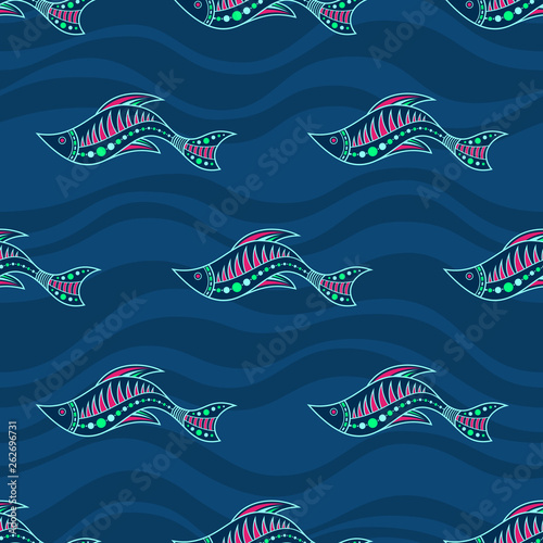 Seamless pattern of fishes silhouettes with abstract waves on background. Australian art.