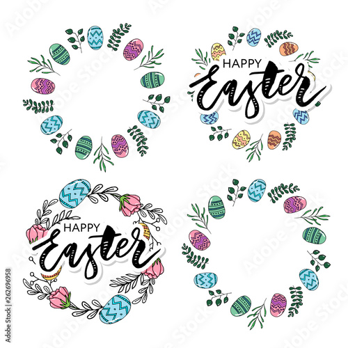 Easter frame with easter eggs hand drawn black on white background. Decorative frame from eggs. Easter eggs with colorful leaves and watercolor dot set