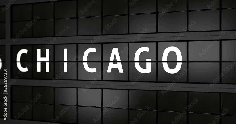 3D generated animation 4K, Analogue airport billboard with flight information, arrival city of Chicago 3D generated animation 4K, Analogue airport billboard with flight information, arrival city of Chicago