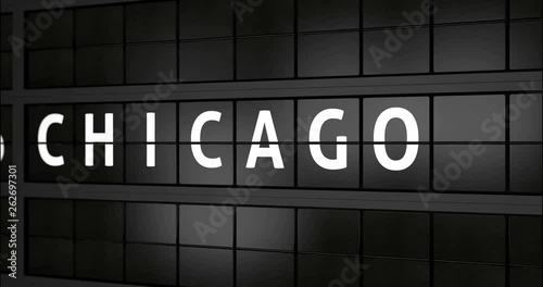 3D generated animation 4K, Analogue airport billboard with flight information, arrival city of Chicago