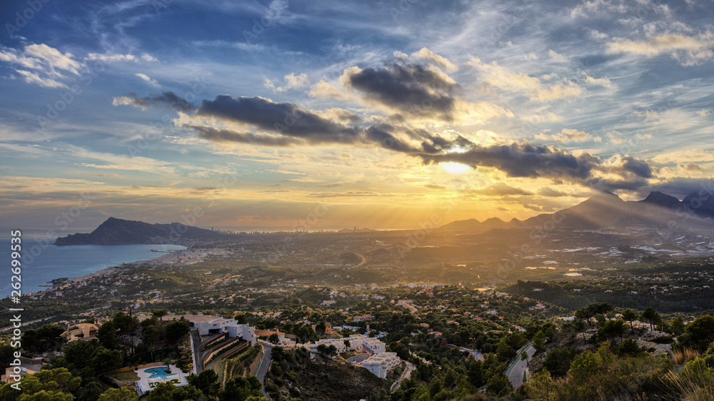 A beautiful panoramic view of Altea Hills over the Costa Blanca, heading south with Altea and Benidorm at sunset