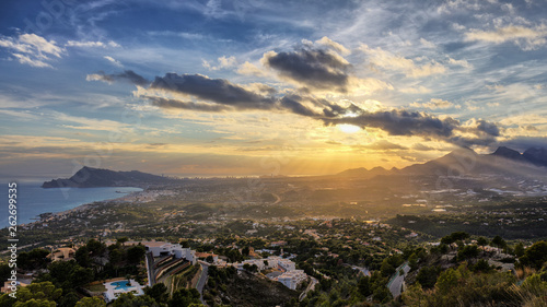 A beautiful panoramic view of Altea Hills over the Costa Blanca, heading south with Altea and Benidorm at sunset