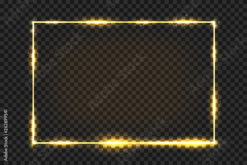Golden frame with light effect. Golden vintage frame with glare and glitters isolated on dark transparent background