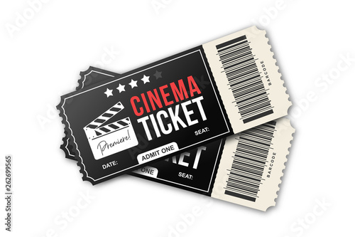 Two cinema tickets on white background. Movie tickets template in black and red colors