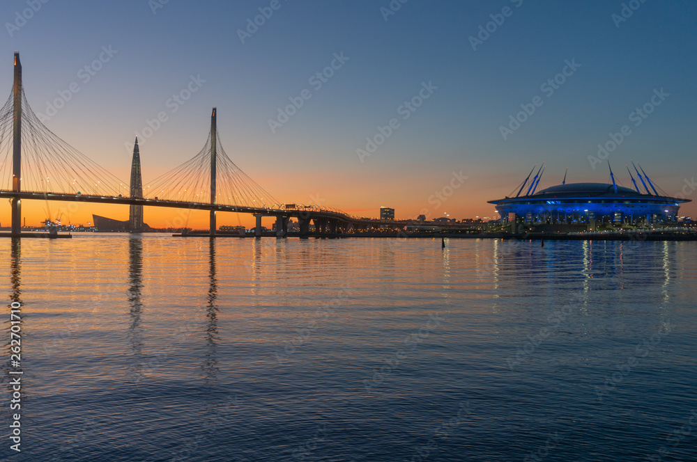 Saint-Petersburg, Russia. Wiews to gulf illuminated by multi-colored lights at night.