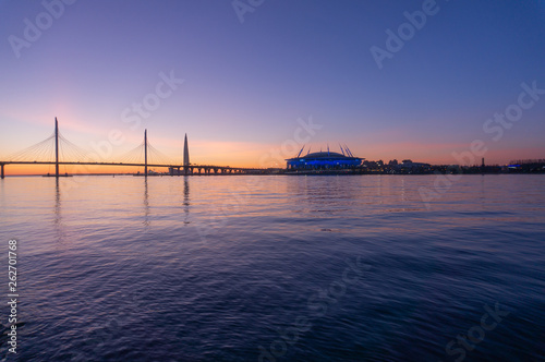 Saint-Petersburg, Russia. Wiews to gulf illuminated by multi-colored lights at night. photo