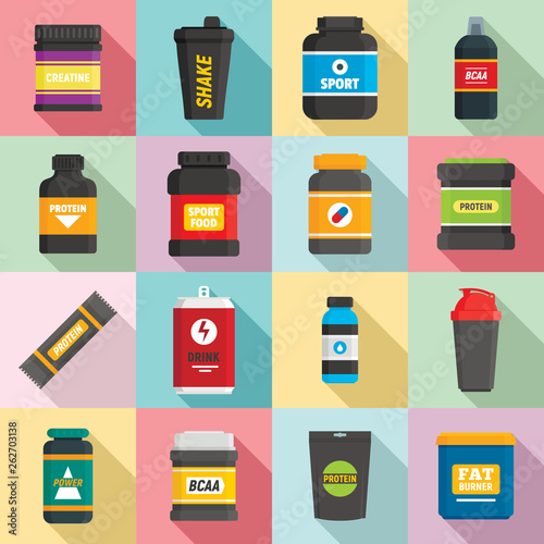 Sport nutrition icons set. Flat set of sport nutrition vector icons for web design
