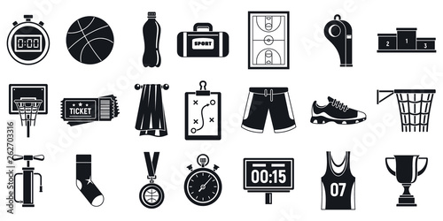 Sport basketball equipment icons set. Simple set of sport basketball equipment vector icons for web design on white background