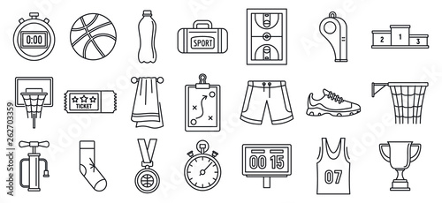 Basketball game equipment icons set. Outline set of basketball game equipment vector icons for web design isolated on white background