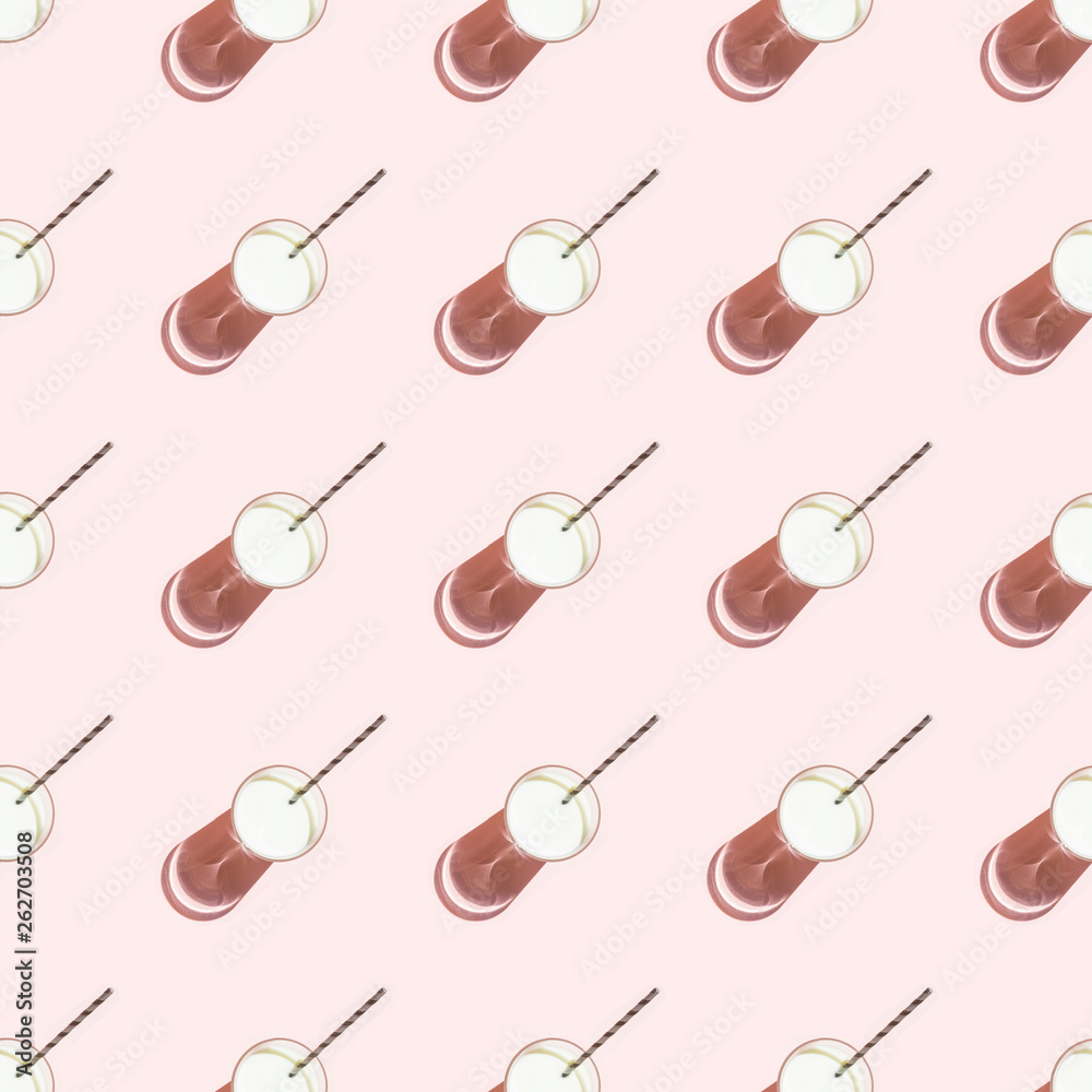 seamless pattern food breakfast, lunch juice, milk and toast with a shadow on the hard light, trend, creative, pattern for packaging on a pink background seamless pattern food breakfast, lunch juice, milk and toast with a shadow on the hard light, trend, creative, pattern for packaging on a pink background