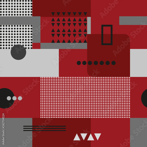 Geometric composition in the style of constructivism. Abstract stylish seamless pattern with geometric shapes. Circles, squares, stripes, lines. Cloth design. Wallpaper, wrapping