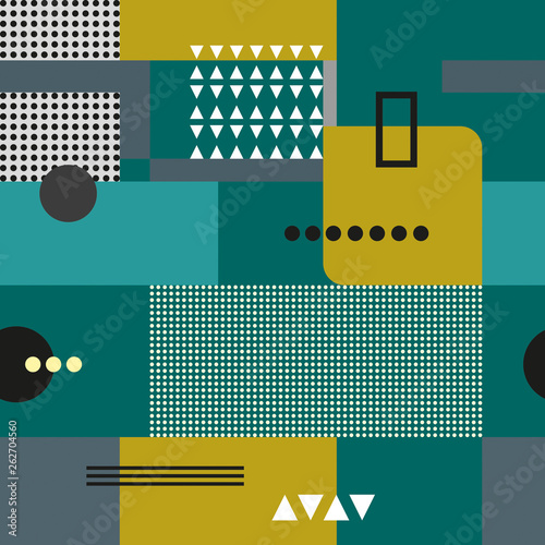 Geometric composition in the style of constructivism. Abstract stylish seamless pattern with geometric shapes. Circles, squares, stripes, lines. Cloth design. Wallpaper, wrapping
