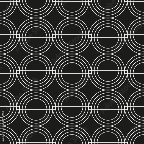 Geometric composition in the style of constructivism. Abstract stylish seamless pattern with geometric shapes. Circles, stripes, lines. Cloth design. Wallpaper, wrapping