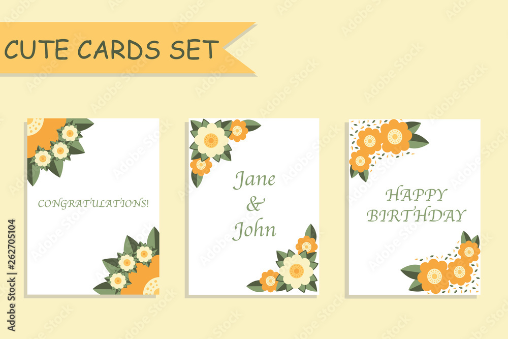 Fototapeta premium Cute cards templates set with compositions of yellow and orange flowers with green leaves in corners and text sample. White backgrounds. Flat style illustration. Vector.