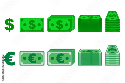 Money paper Dollar and Euro Vectors in different positions isolated on separate layers. Flat design. Vector Game element