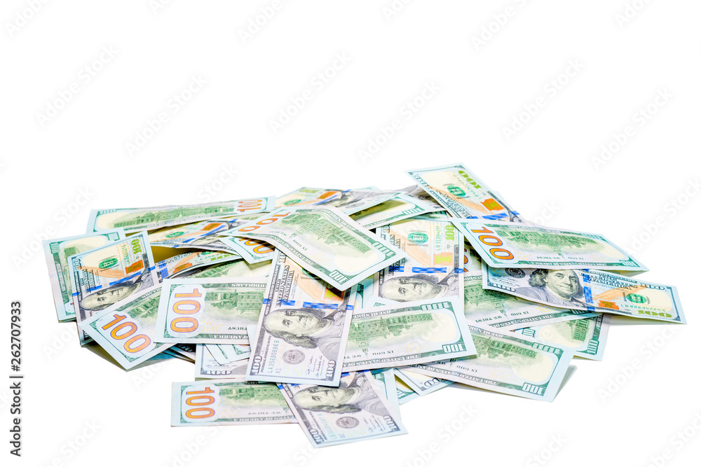 A pile of 100 dollar bills piled on white background isolated