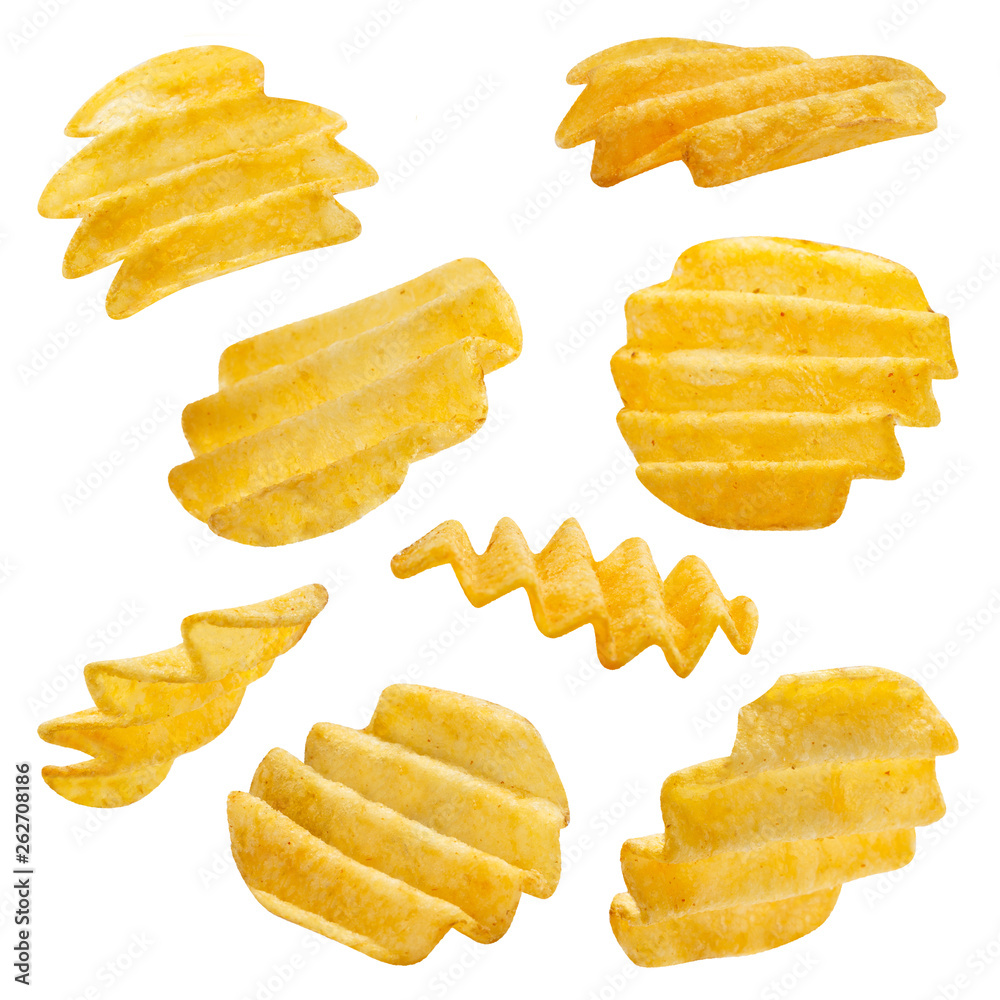 Collection of potato chips, isolated on white background Collection of potato chips, isolated on white background