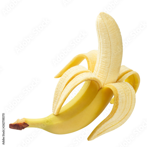 Half peeled ripe banana, isolated on white background