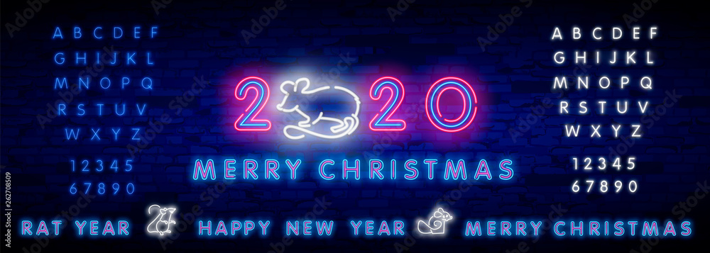 2020 New Year neon sign. Piece of cheese with two thousand twenty numbers and rat on brick background. Vector illustration in neon style for Christmas banners, New Year posters, party invitation