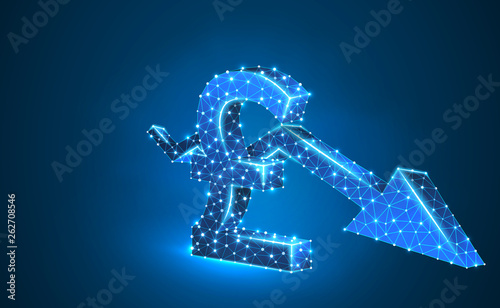British Pound currency, Downtrend arrow, digital neon 3d illustration. Polygonal Vector business crisis, crash, data cash, finance concept. Low poly wireframe, triangle, lines, dots. Blue background