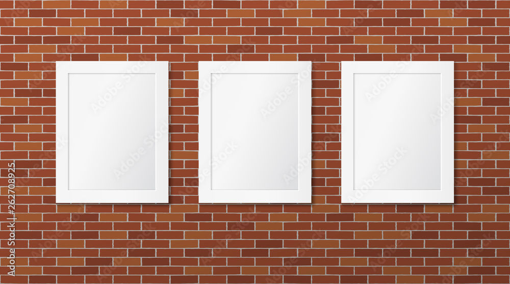 Three white frames on a brick wall. Vector picture frames layout Three white frames on a brick wall. Vector picture frames layout
