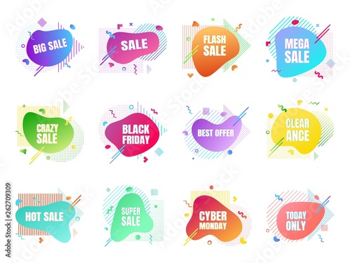 12 modern liquid abstract sale set. Clearance, big sale, black friday, special offer, hot price etc text gradient flat style design fluid vector colorful vector illustration banner shape advertising