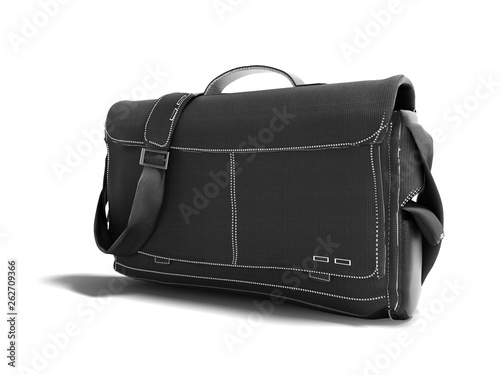 Black denim bag over the shoulder for work 3d render on white background with shadow