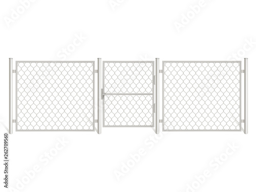 Wire fence isolated on white background. Silver colored three segments perimeter protection barrier with gate separated with metal steel poles. Chain link mesh, rabitz Realistic 3d vector illustration