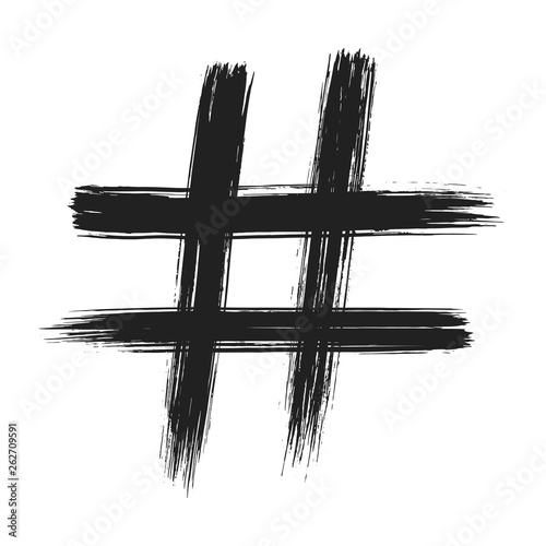 Hand drawn brush stroke dirty art hashtag symbol icon sign isolated on white background. Black and white composition of the symbol hashtag #