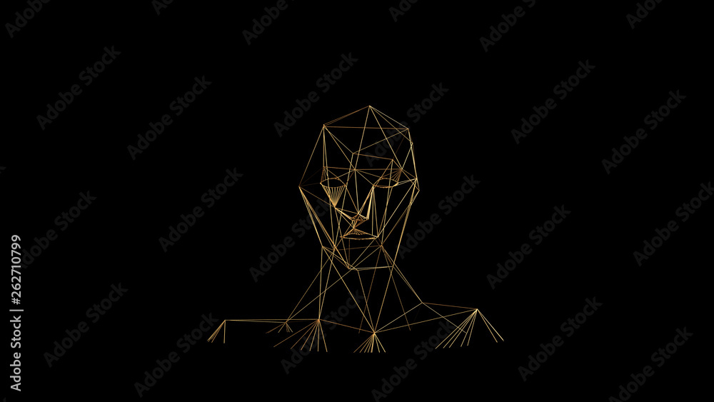 Gold lines on black background. Abstract human face head. Golden polygonal luxury network shine glitter design. 3D render illustration. Gold lines on black background. Abstract human face head. Golden polygonal luxury network shine glitter design. 3D render illustration.